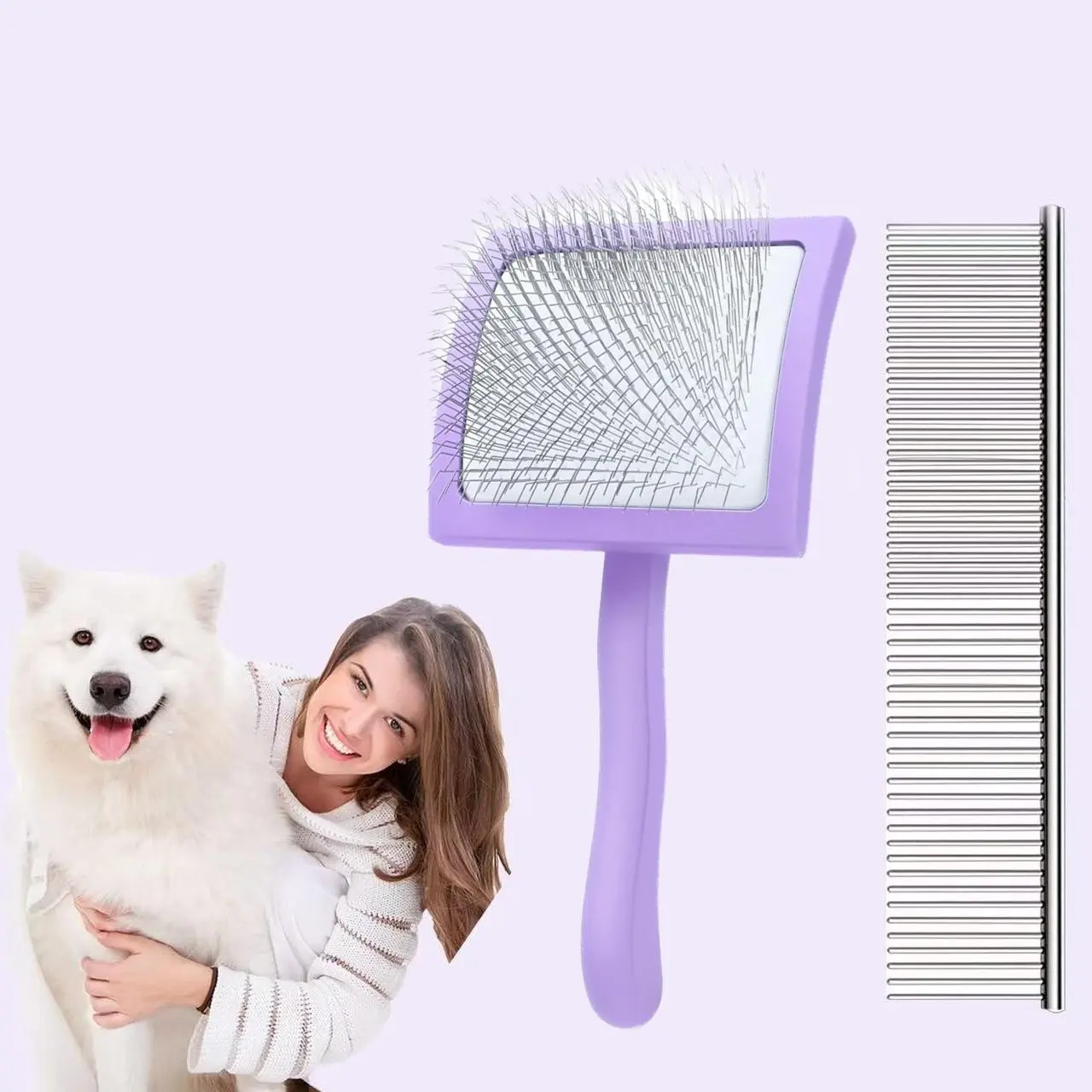 Ergonomic Wooden Handle Slicker Brush with Long Pins | Fur Grooming Brush, Grooming Tool for Poodles, Goldendoodles and Other Long-haired Dogs