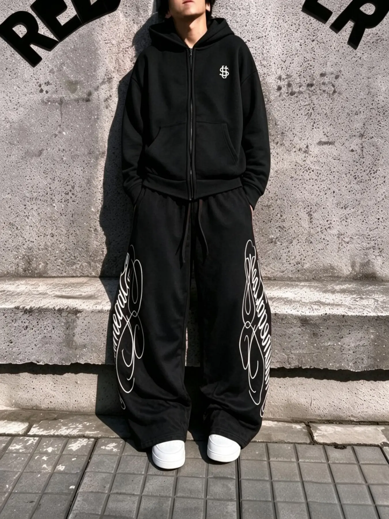 Y2K Vintage Streetwear Men 2 Piece Tracksuit, Zip Up Hooded Sweatshirt, Embroidered Sweatpants, Hip Hop Skater Style, Casual