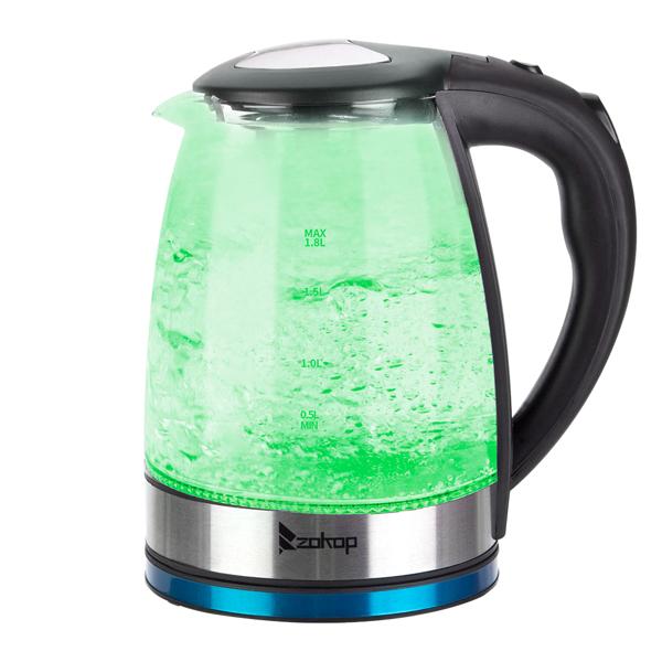 ZOKOP HD-1861-A 110V 1200W 1.8L Electric Glass Kettle US Plug with LED Lights, 360° Rotation Base, Auto Shut-off, and Mesh Filter for Spill Proof Pours Automatic