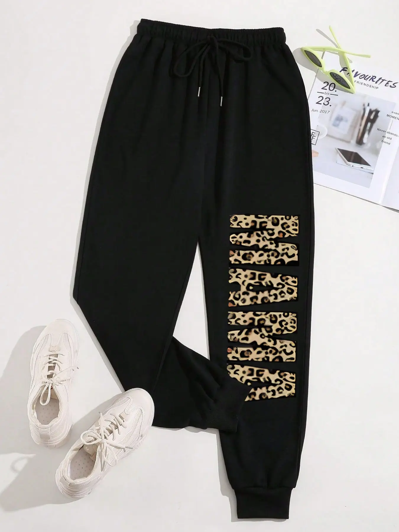 Women's Casual Sporty Long Pants, Leopard Print Mama Letter Graphic Sweatpants, Drawstring Trendy Workwear, Ankle Fit, All Seasons