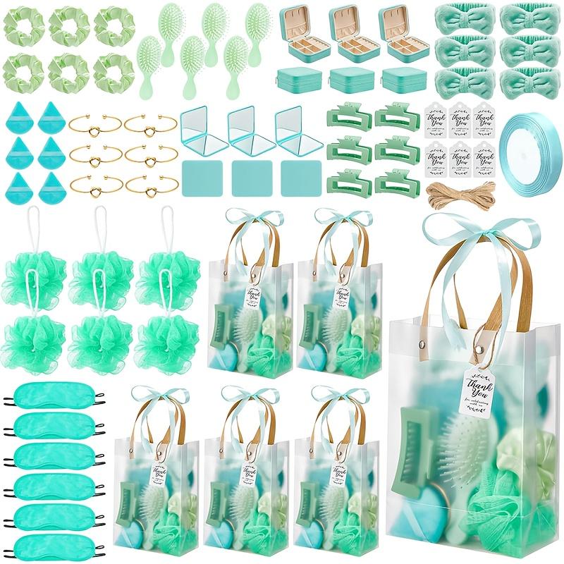 74pcs Party Shower Gift Set with Turquoise & Mint Green Elegant Packaging - Plastic/ Bath & Hair Care Kit with Headband Gift Bags - Durable & Easy-to-Assemble Bridal/ Shower Favors, Birthday Party Prizes