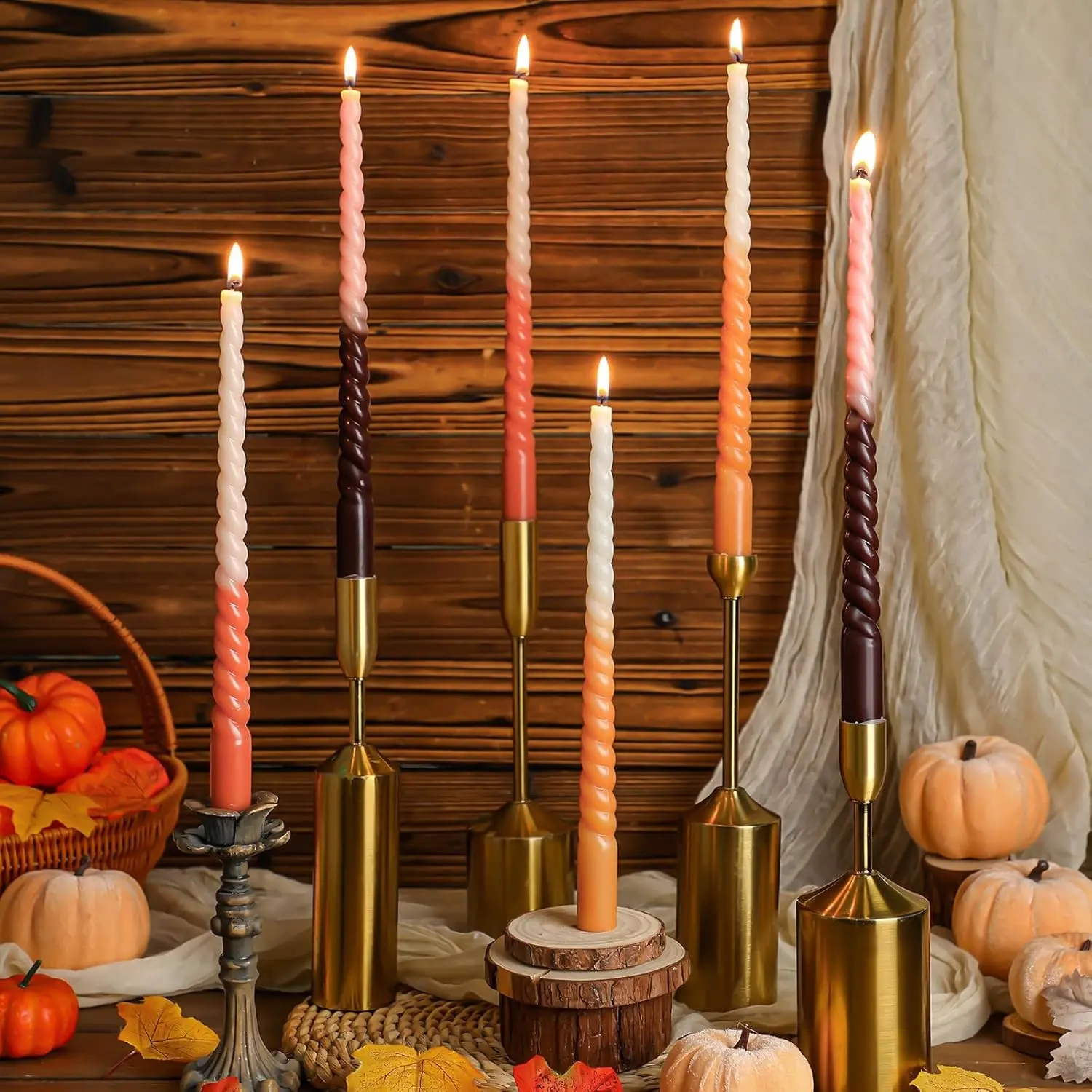6 Pcs 11 Inch Colorful Spiral Twisted Fall Taper Candles Set, Autumn Gradient Wax Candlesticks for Halloween Thanksgiving Christmas Dinner Party Decoration
