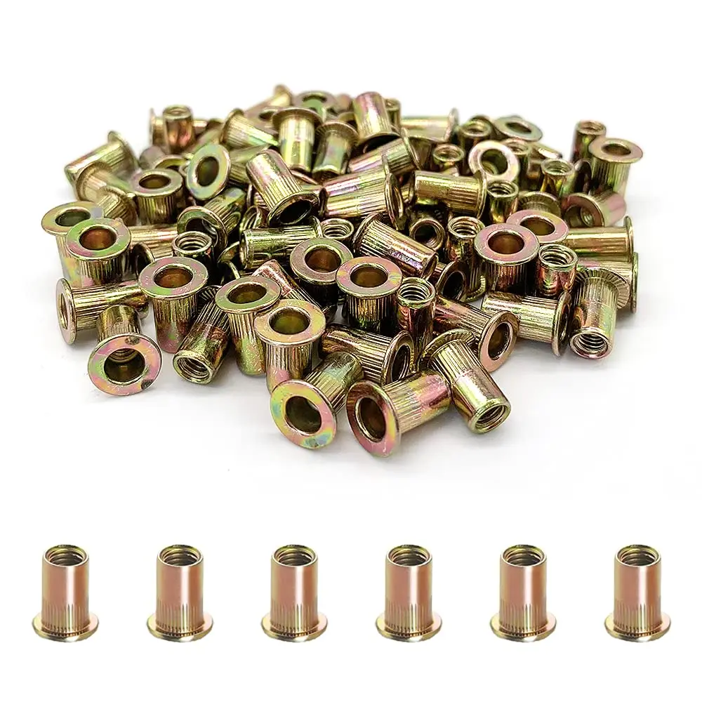100PCS -Rivet Nuts, M4 Carbon Metric Rivet Nut Assortment Kit, Flat Head Threaded Insert Nutserts,for Automotive Furniture Decoration and Industrial (NUT-M4)