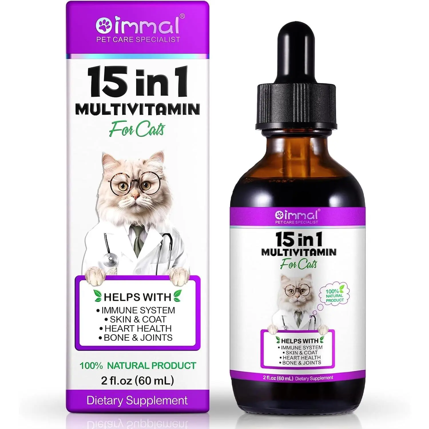 15-in-1 Multivitamin Drops for Cats - Immune Support, Skin & Coat Health, Digestion, Joint Care - with Vitamins A, B, C, D, E - Liquid Supplement for All Life Stages, Easy to Use, 2 fl.oz