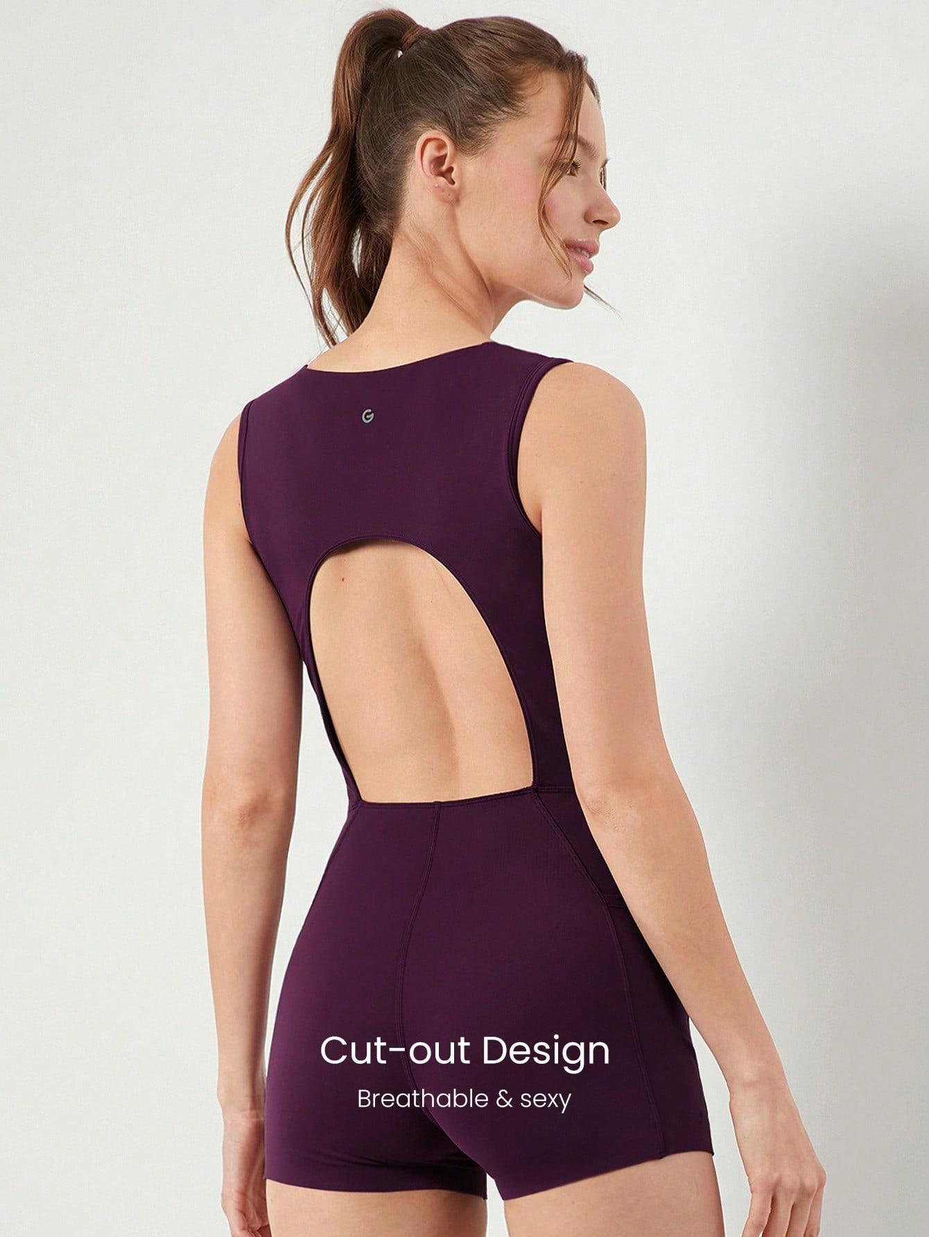 GLOWMODE 2.5'' FeatherFit™-Air Sweat-Wicking Quick-Dry Flow And Go Tummy Control Cutout Back Square Neck Back Athletic Workout Romper Bodyduit With Side Pockets Non-Slip Grips Low Impact Yoga Pilates Studio Daily Casual Wear