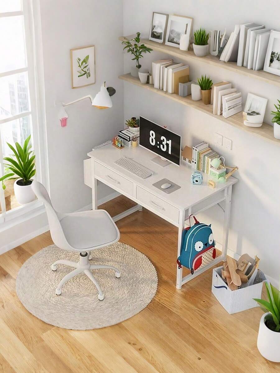 32 Inch Small Desk with Fabric Drawers, Vanity Table with Storage Drawer & Side Bag, Writing Desk for Bedroom, Study Room & Small Spaces, Compact Multi-Function Desk for Home Use