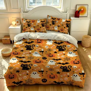 3-piece Halloween Pumpkin Ghost Quilt Set, including 1 duvet cover and 2 pillowcases, without blankets or pillowcases, soft and comfortable, suitable for bedrooms, hotels, and school dormitories