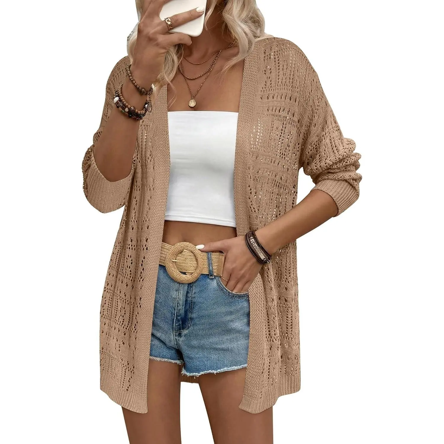 Womens 2026 Summer Crochet Cardigan Sweaters Lightweight Long Sleeve Open Front Kimono Boho Knit Cover UpsGift