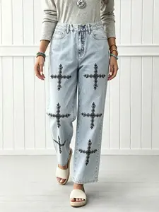 GILIPUR Women's Grey Wash Rose Cross Embroidery High Waist Wide Leg Jeans, American Y2K Streetwear Loose Straight Floor-Length Denim Pants, Vintage Washed Versatile Casual Trousers