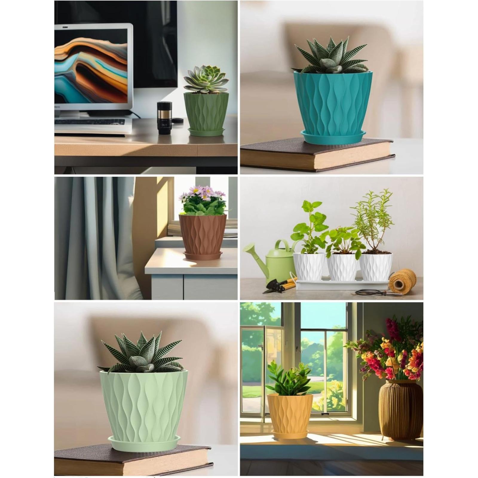 6 Pack 4-Inch Indoor Plant Pots with Drainage Holes and Trays, Colorful Small Planters for Orchids, Succulents, Herbs, and Other Indoor Plants
