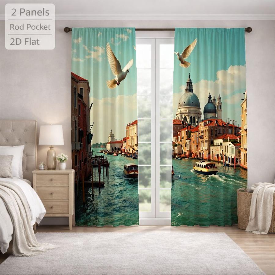 2Pcs Scenic Venice Cityscape Birds Pattern Sun Blocking Curtains Digital Printed Rod Pocket, Window Treatment For Bedroom Office Kitchen Living Room Study Home Decor
