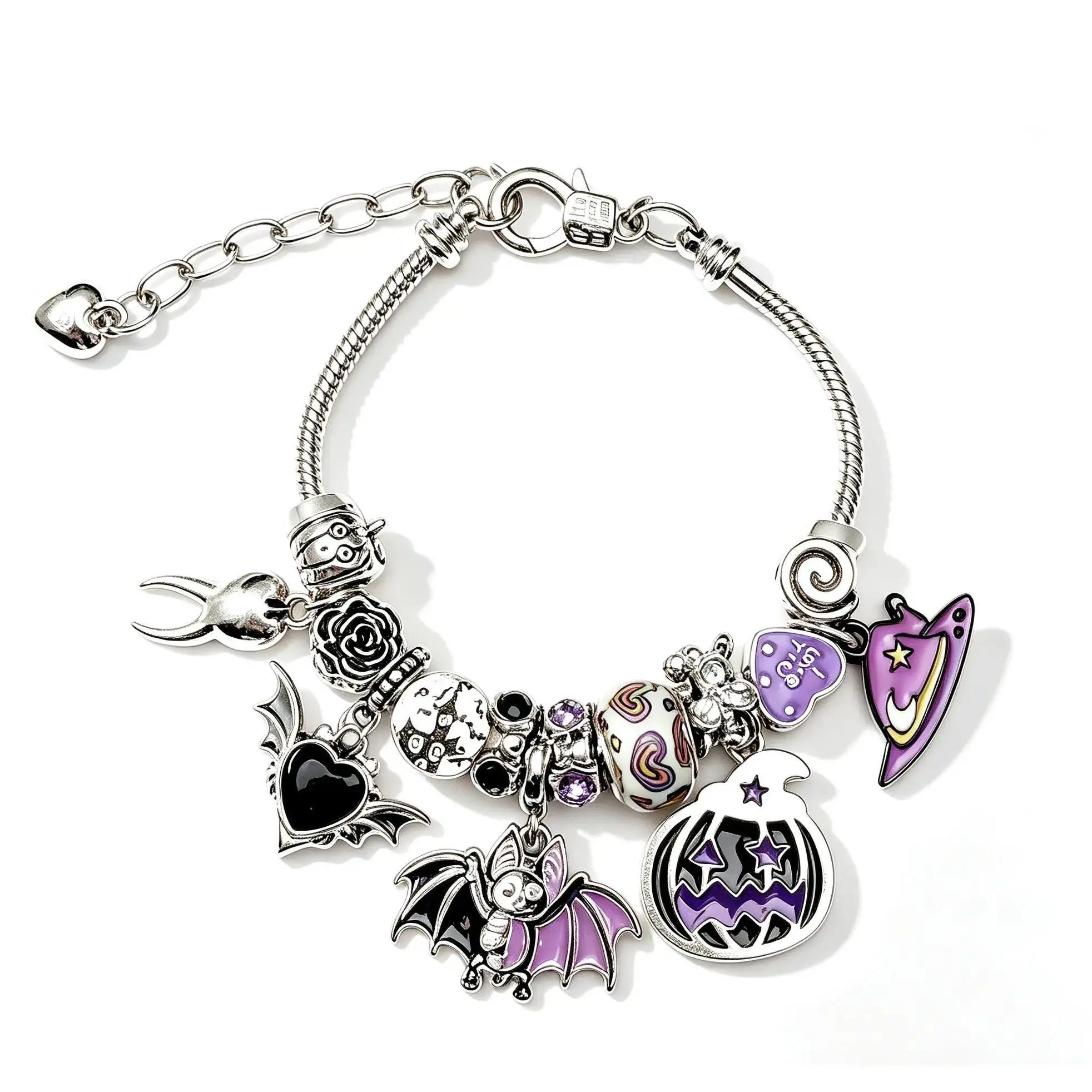 Gothic Halloween Bat & Pumpkin Charm Bracelet, Silver-Tone Snake Chain with Purple Enamel & Black Heart Beads, Edgy Jewelry for Women