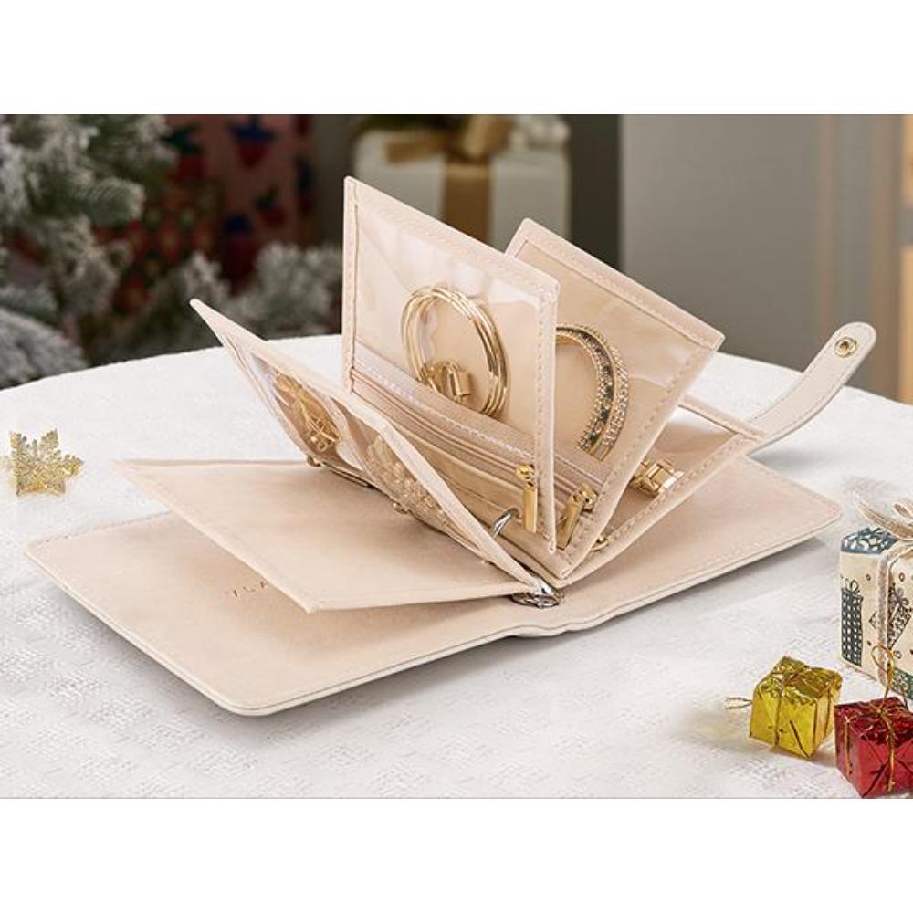 Mini Travel Jewelry Organizer Case | Jewelry Storage Book with Clear Zipper Velvet Pouches | Portable Earring, Ring & Necklace Holder | Ideal Wedding & Summer Gift