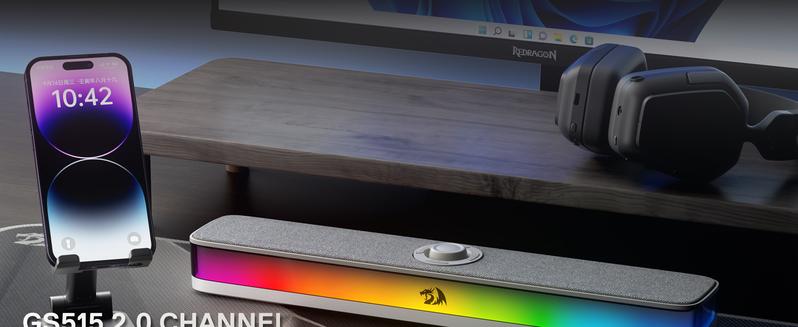 Redragon GS515 RGB Desktop Soundbar, 2.0 Channel Stereo Computer Speakers for Desktop with Bluetooth 5.3, USB-C/USB Powered, Gray