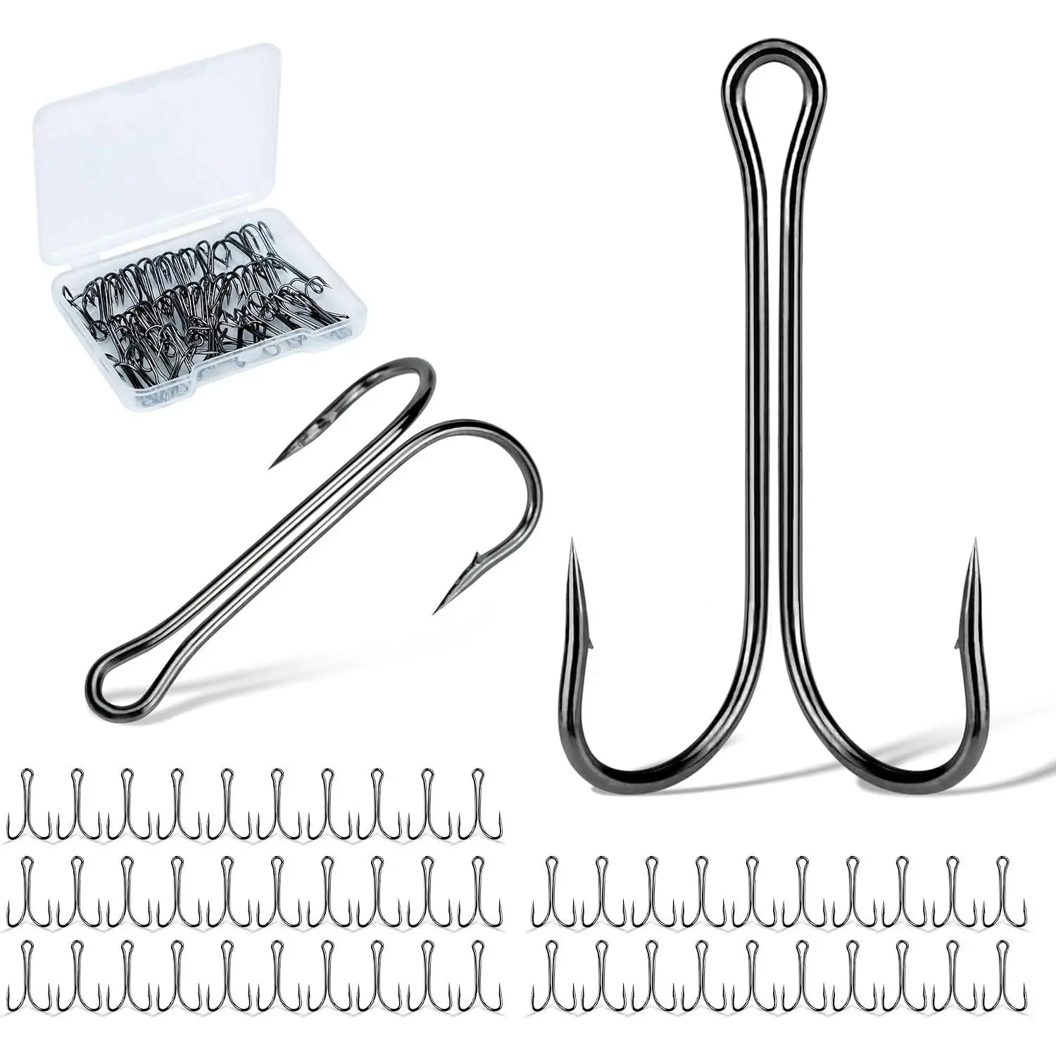 50 count Fishing Double Hooks Set Classic High Carbon Steel  Frog Hooks Barb Fishing  Hooks Saltwater Freshwater 12#-5/0