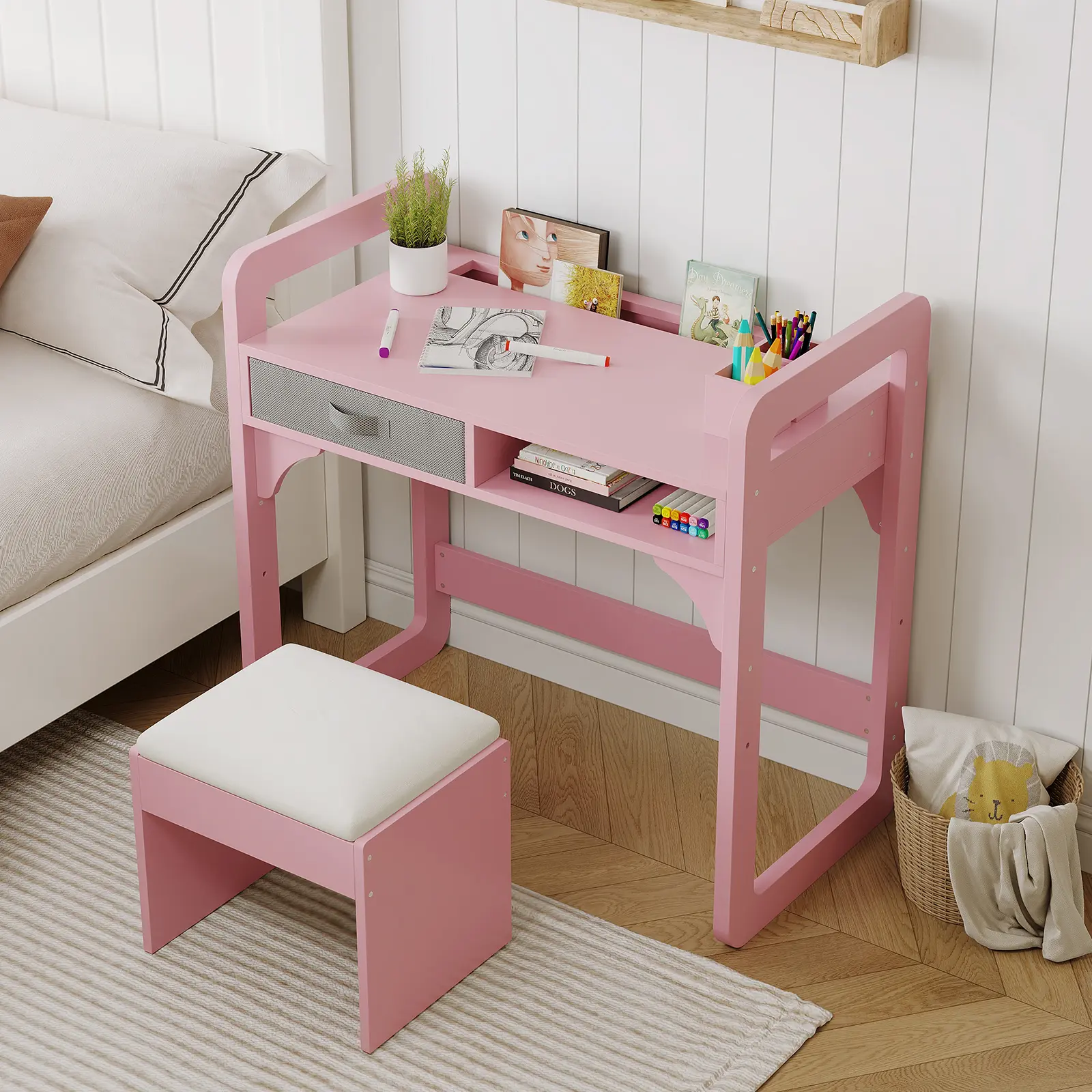 Adjustable Kids Desk and Chair Set - Wooden Study Table with Bookshelf, Cloth Drawer, and Pen Holders - Perfect for Reading, Homework, Writing - Ideal for Boys and Girls, White