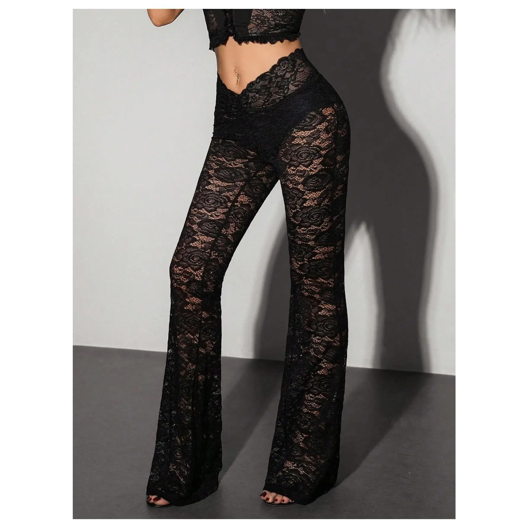 Bell Bottom Sheer Lace Pants Y2K Low Waist Flare Pants See Through Bell Bottom Rave Outfits
