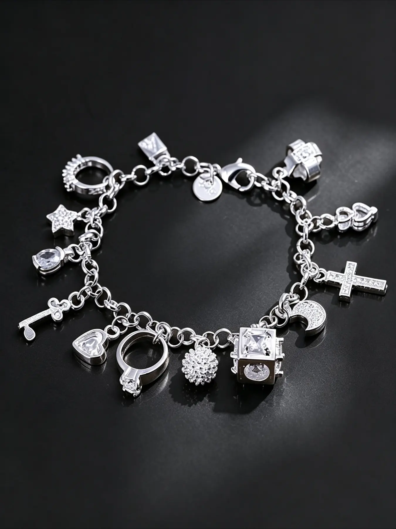 1pc Elegant Heart Key Pendant Bangle Bracelet for Women, 13 Small Pendants, Bohemian Style, Shiny Exquisite Silvery Fashion Jewelry Accessories, Ideal Fashion & Birthday Gift for Wife and Girlfriend