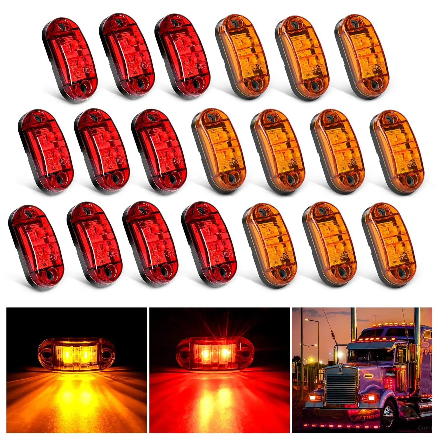 Nilight 20PCS 2.5inch Oval Luminous LED Side Marker Lights - 2-Diode, IP67 Rated, 10PCS Amber/10PCS Red Indicators, Flush Mount for Trucks, SUV, Caravan, Simple Install Automotive Lights