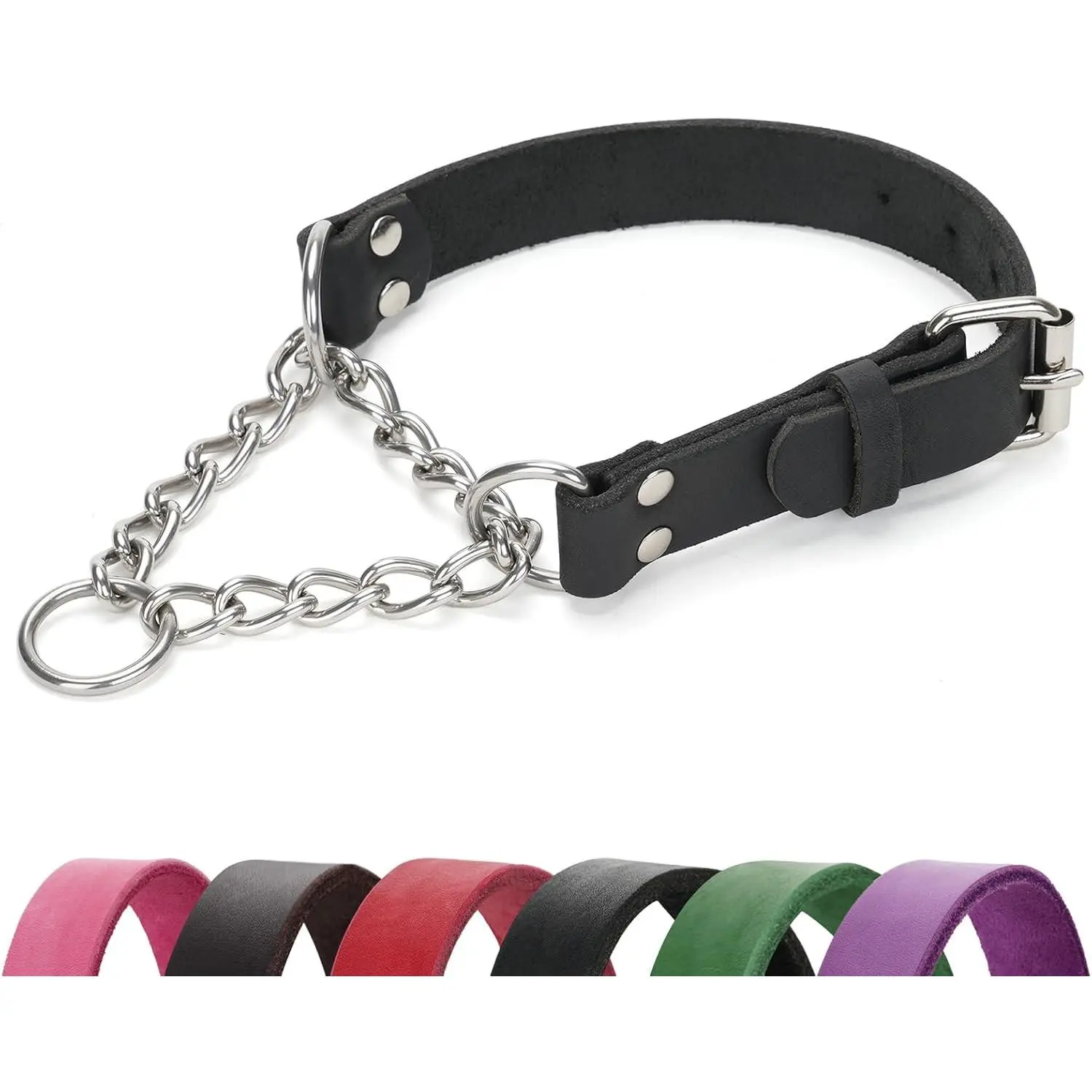 Genuine Leather Martingale Dog Collar - No-Pull, Adjustable Training Collar with Stainless Steel Chain, Anti-Slip Design for Small, Medium, Large Breeds - Black (M)
