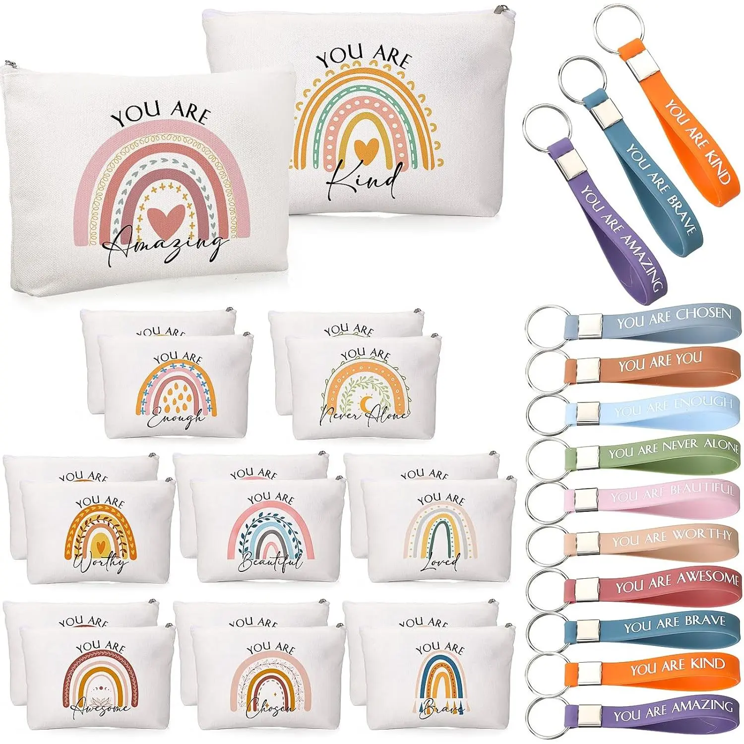 20 Set/40 Pcs Motivational Canvas Makeup Bag for Women Inspirational Keychains Appreciation Gifts Bulk for Employee  to School Housekeeping