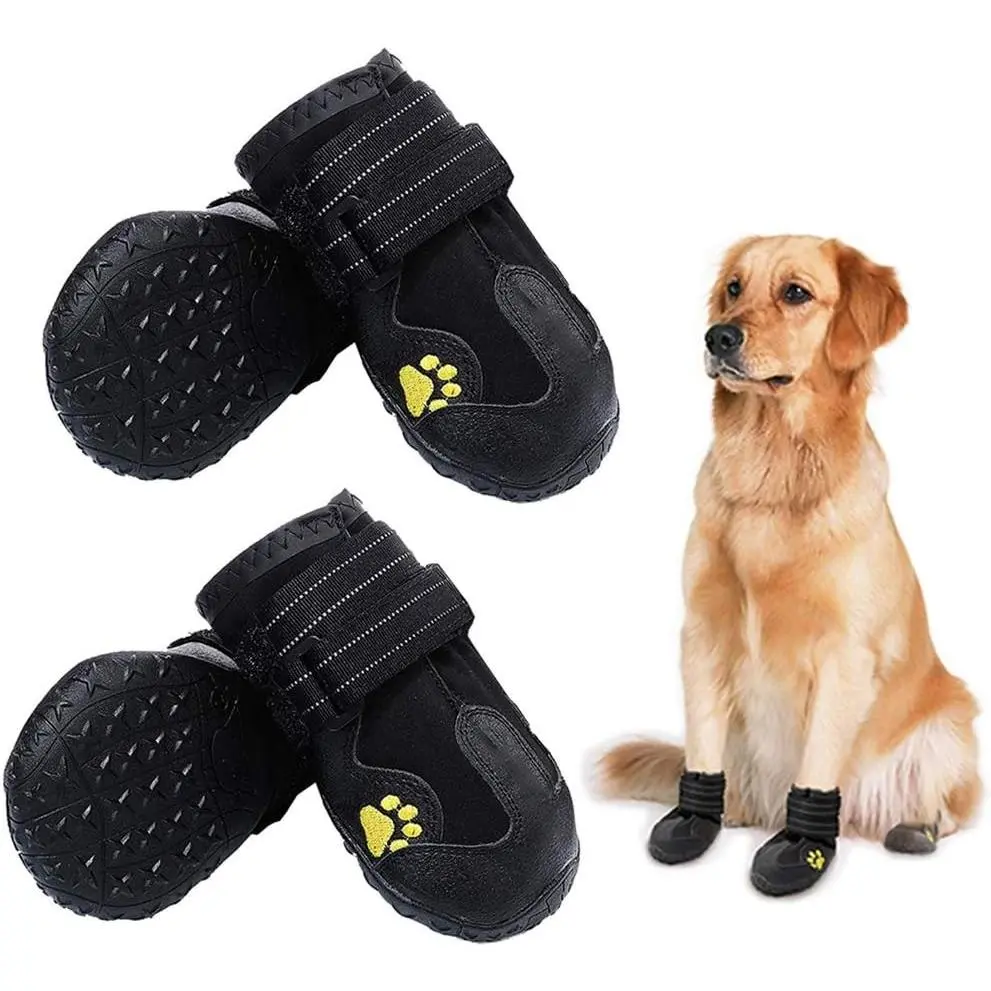 Waterproof Dog Boots, Dog Outdoor Shoes for Medium to Large Dogs with Two Reflective Fastening Straps and Rugged Anti-Slip Sole (3.15" x 2.95",Black 4PCS)