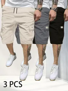 Men’s Summer Cargo Shorts, Plain, Fashion Label, Multiple Pockets, Lightweight Breathable, Casual Hiking, Army-Style Combat, Loose Fit