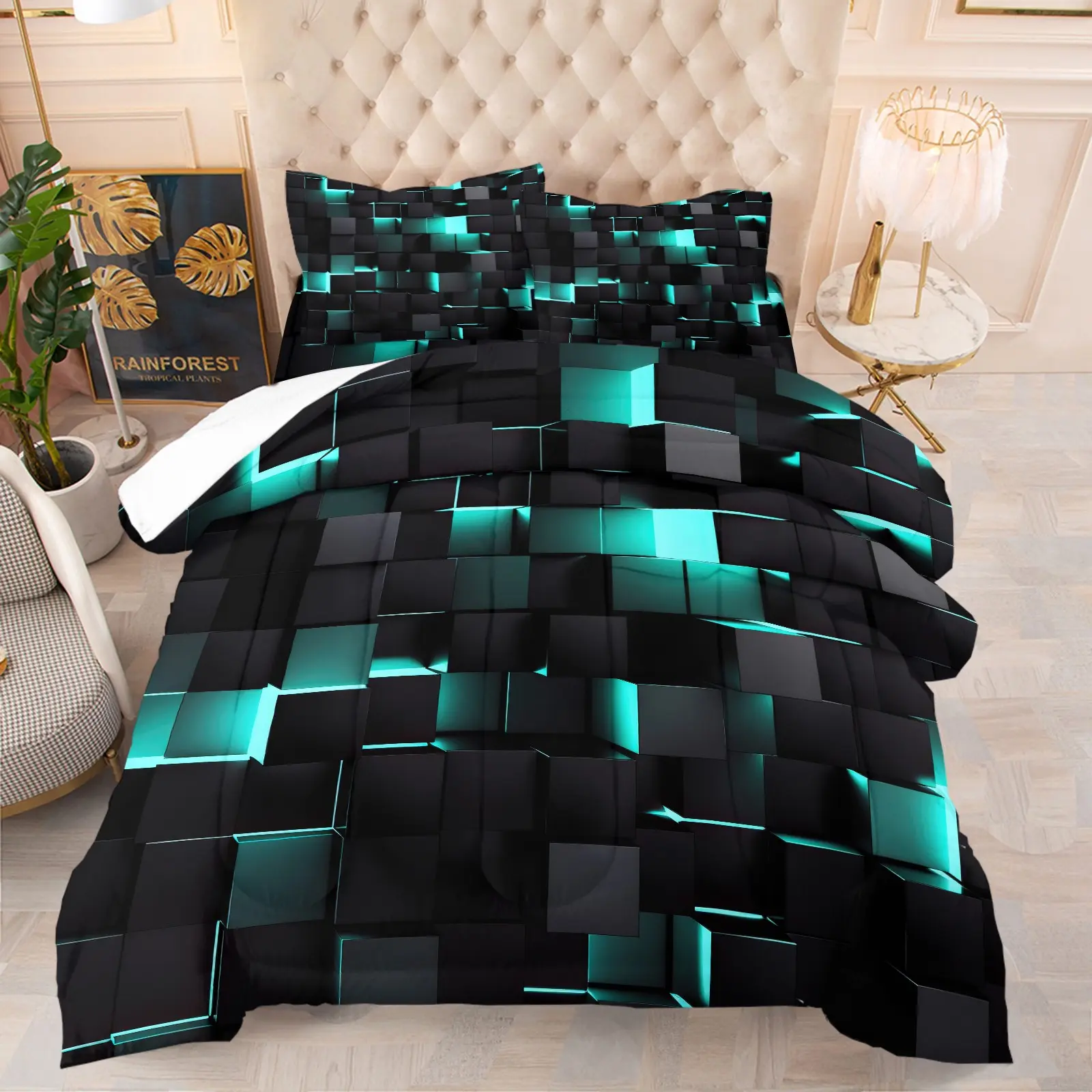 3D Neon Block Esport Style Comforter Set-Comfortable Easy Care Bedding Sets-Black Blocks & Teal Green Neon Glowing Lines-Cyberpunk Style Boys' Bedroom and Gaming Room Decor-1 Quilt + 1-2 Coreless Pillowcases
