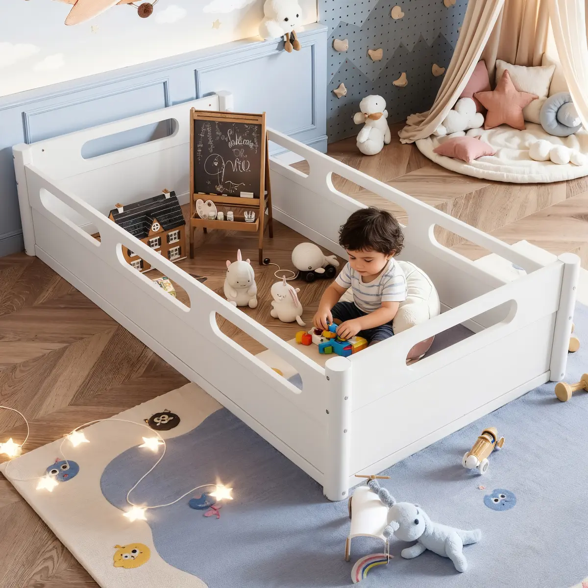 Modern White Pine Wood Twin Floor Bed - 78.27"L×41.18"W×16.53"H, 31.96 lbs, Short Built-in Guardrail Low Profile Platform Bed Frame for Kids Bedroom, Fits 6 In Mattress, Easy Full Assembly Required