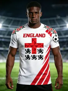 2026 New Summer England Flag Three Lions Football Theme Print Breathable Mesh Short Sleeve Soccer Jersey, Casual Fitted Long Shirt