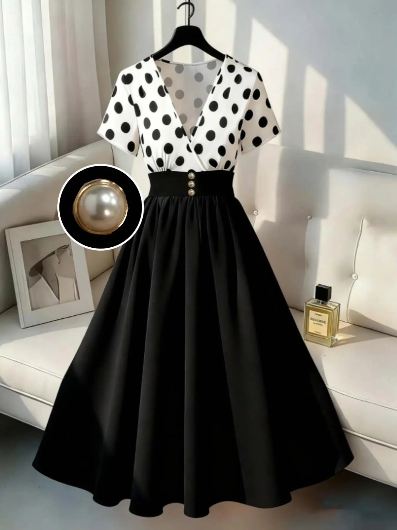 Women's Classic Retro Polka Dot Dress, V Neck Short Sleeve High Waist Pearl Button A-Line Midi Dress, Casual Unlined Clothing