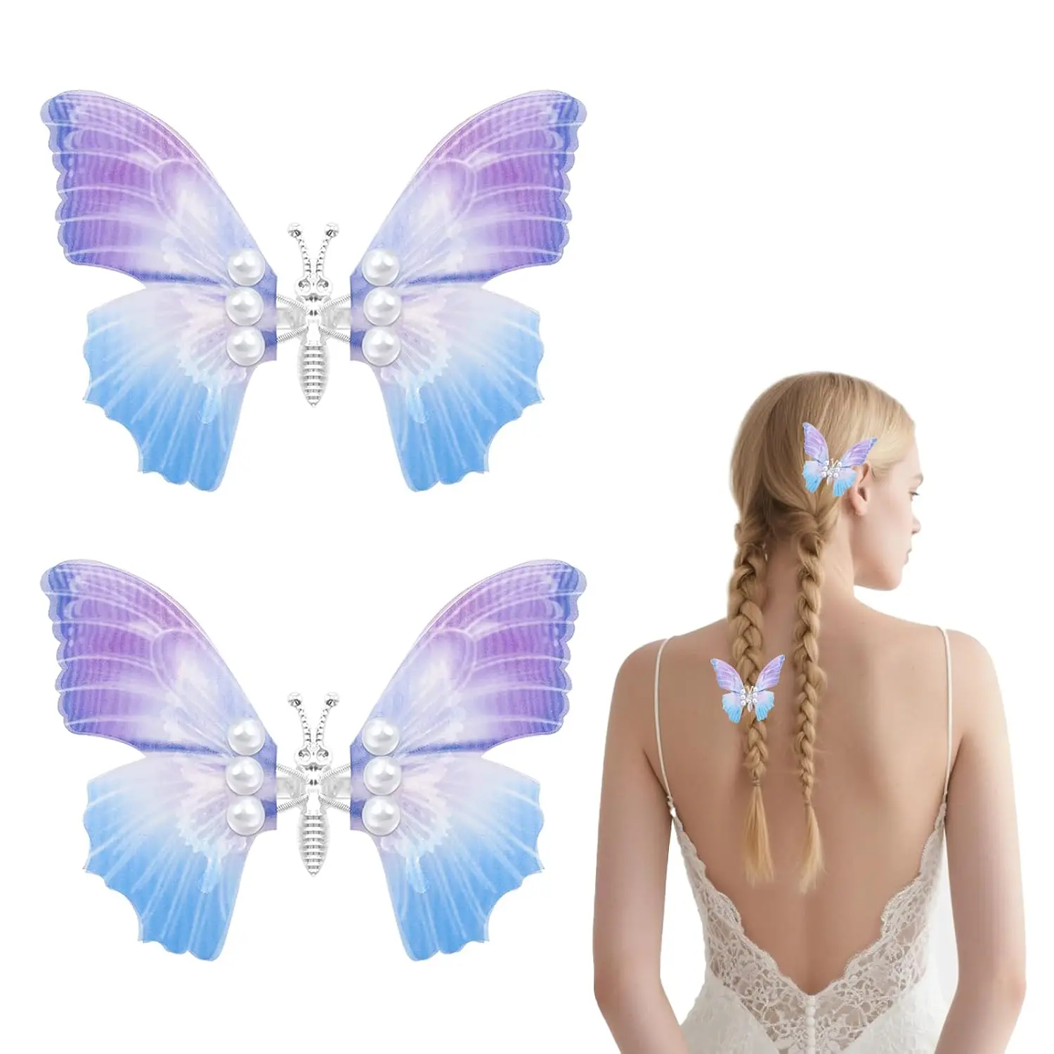 Butterfly Hair Clips, 2 count Blue- Gradient  Moving  Butterfly Clips for Hair with Non-Slip  Clip, Durable Tulle Hair Accessories for Women Ladies Festivals Party