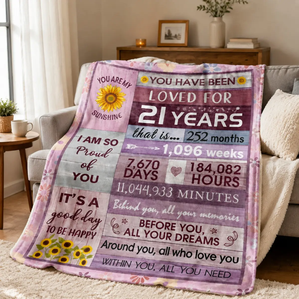 21st Birthday Gift Blanket for Her, 21 Year Loved Memory Throw Blanket, Unique 21st Birthday Present for Daughter, Sister, Friend, Soft Flannel Fleece Blanket for Home Decor