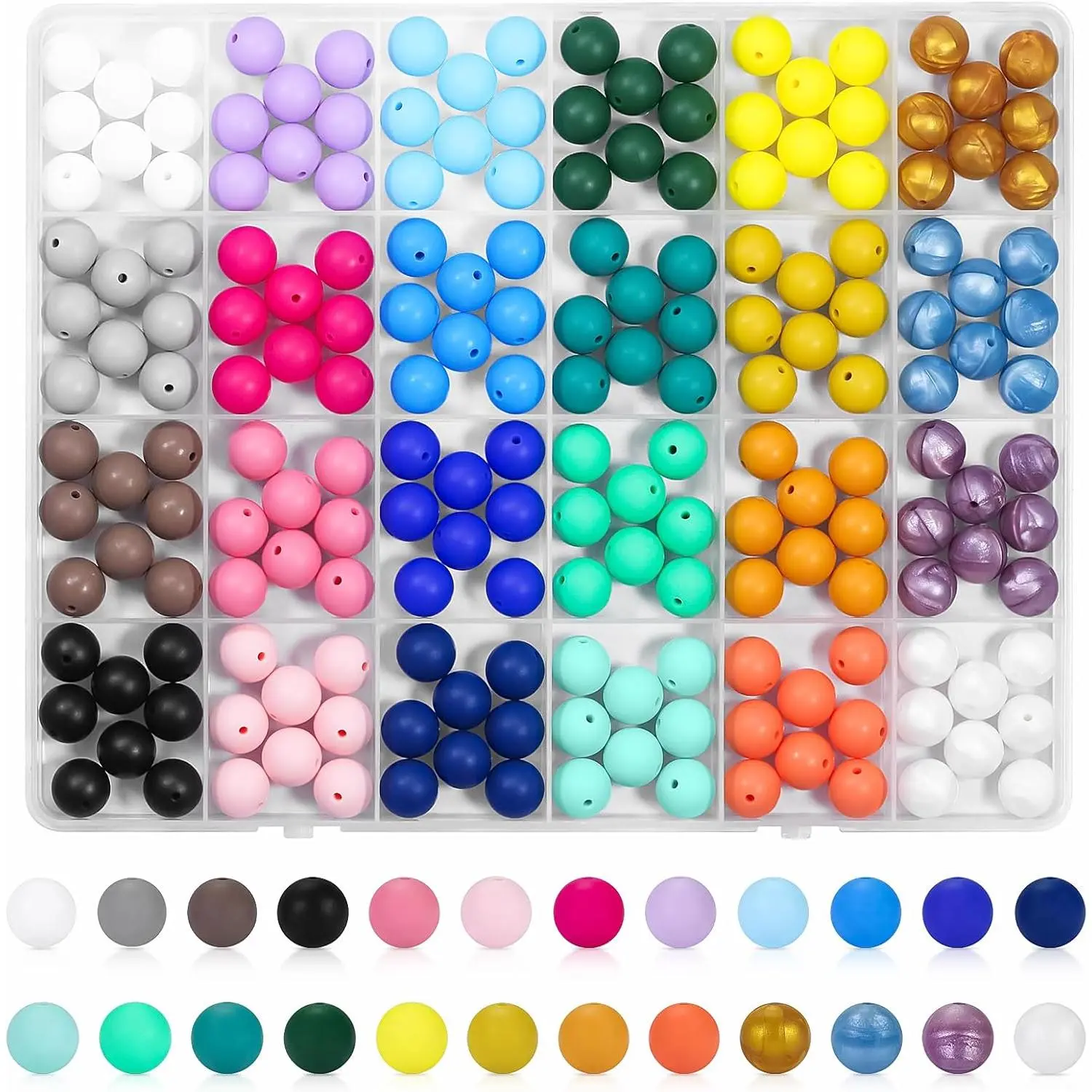 192 count  Beads 15mm for  Making Kit, 24 Colors Focal Rubber Beads Neatly Organized, Round Colorful Bead, Bulk for Pens, DIY, Necklace, Bracelet Making Kit, , Art Crafts