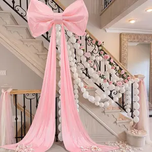 Hotop Giant Pink Bow with 100 Pcs White Link Balloons, 31 x 181 Inch Large Ice Silk Bow with Long Streamers Coquette Arch Backdrop for Wedding Birthday Baby Shower Graduation Valentines Party Decor