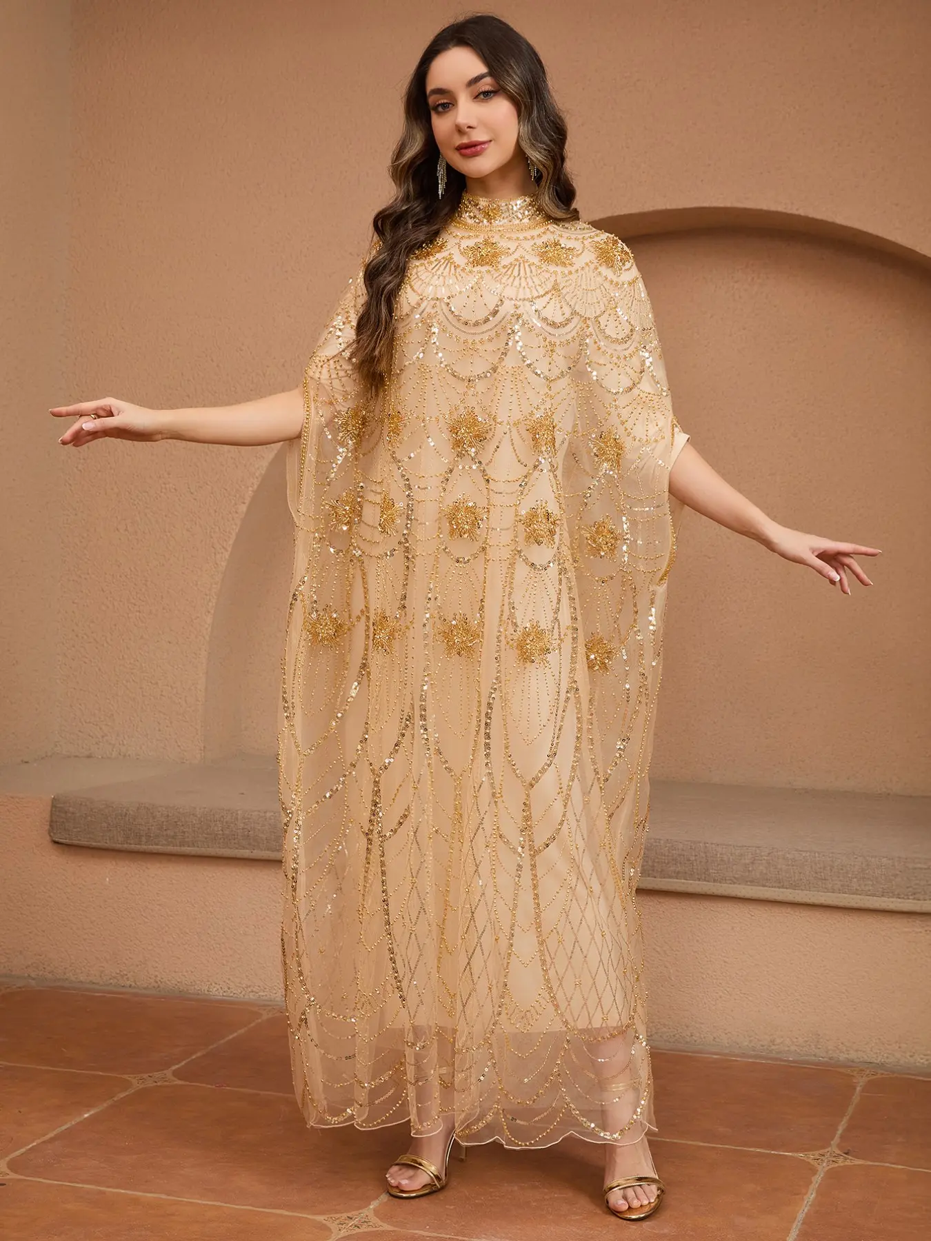 JINLICX Muslim Cape Abaya Kaftan, Gold Sequin Beaded Mesh Stand Collar Maxi Dress, One‑Size Evening Party Dress CXD31