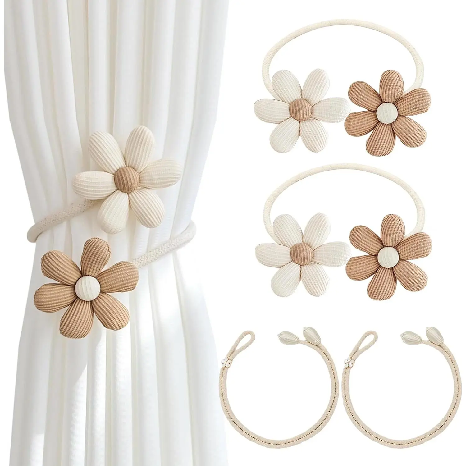Decorative Curtain Tiebacks, 4 Pack Curtain Holdbacks for Drapes | No Drill Design with Boho Rustic Style for Sheer and Blackout Curtains in Living Room Bedroom  Decor