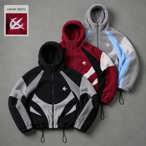 Unisex Color Block Sherpa Hooded Jacket, Irregular Geometric Patchwork, Embroidered Logo, Full Zip Drawstring Hem, Loose Streetwear Fleece Coat