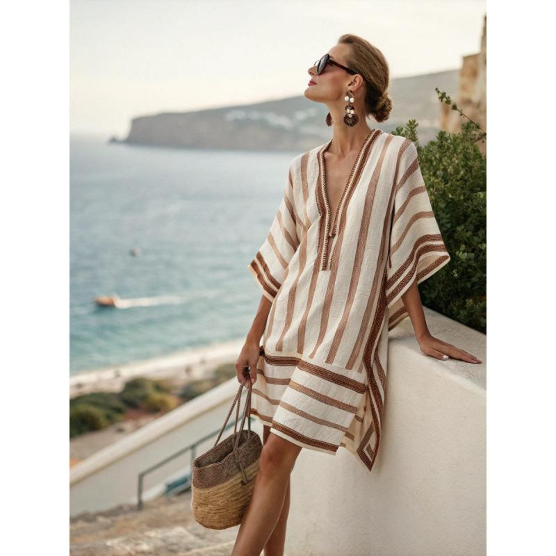 2026 New Hot-Selling Beach Vacation Style V-Neck Bohemian Printed Loose Beach Dress Vacation Style