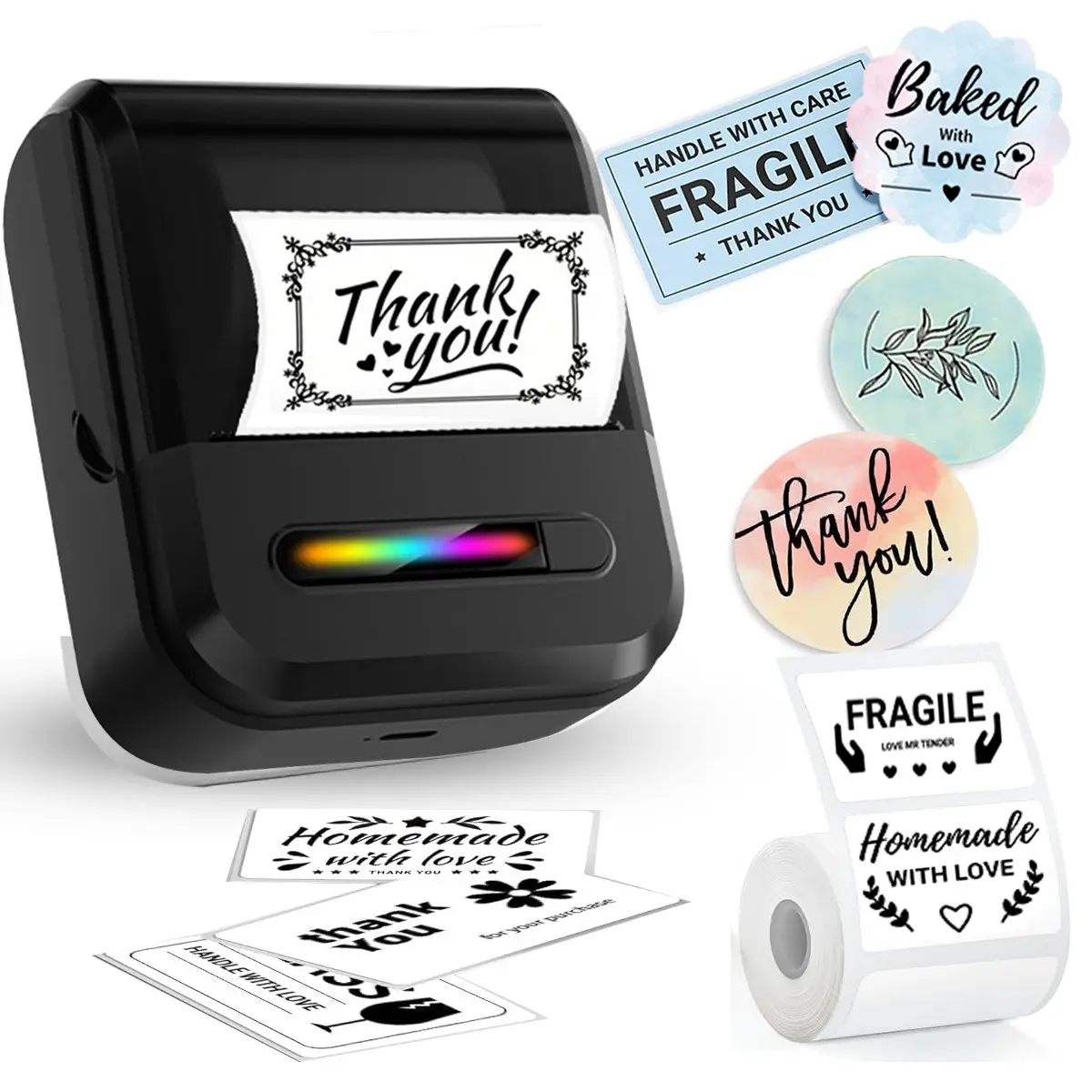Mini Label Printer, Portable Thermal Inkless Label Maker Machine,  with 1 Roll White Label, for Home, Kitchen, School, Office Organization, Clothing, Jewelry, and Food Labels