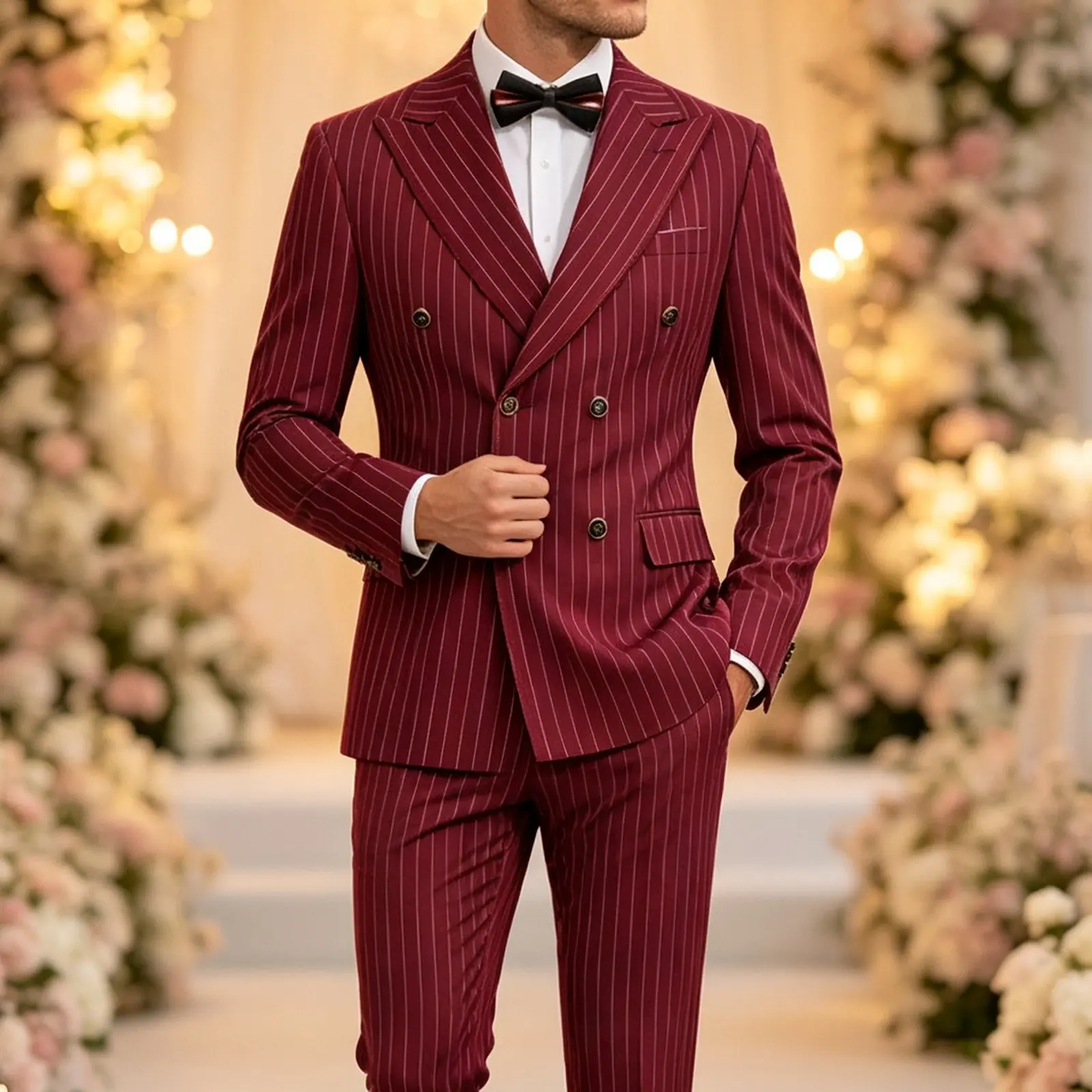 Men's Double Breasted Pinstripe Suit 2 Piece Set, Striped Blazer & Dress Pants with Free Bow Tie, Formal Outfit for Wedding Prom Business