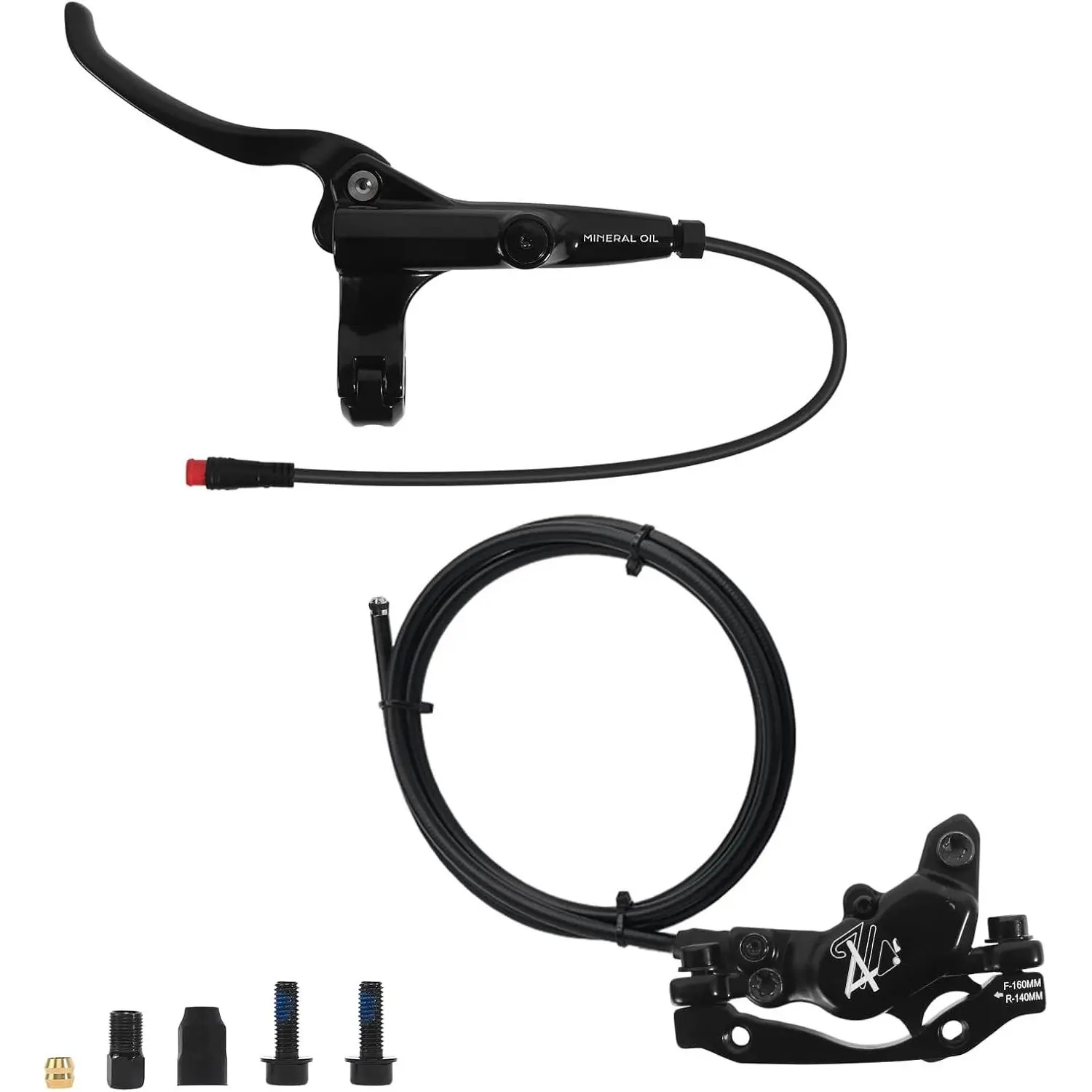 EBike 2-PIN 4 Pistons Electric Power Off MTB Hydraulic Disc  Set,E- Left Front 1150mm Right Rear 1950mm  Alloy Caliper Lever for ebike/Scooter/Mountain  -E735(Pre-Bled)