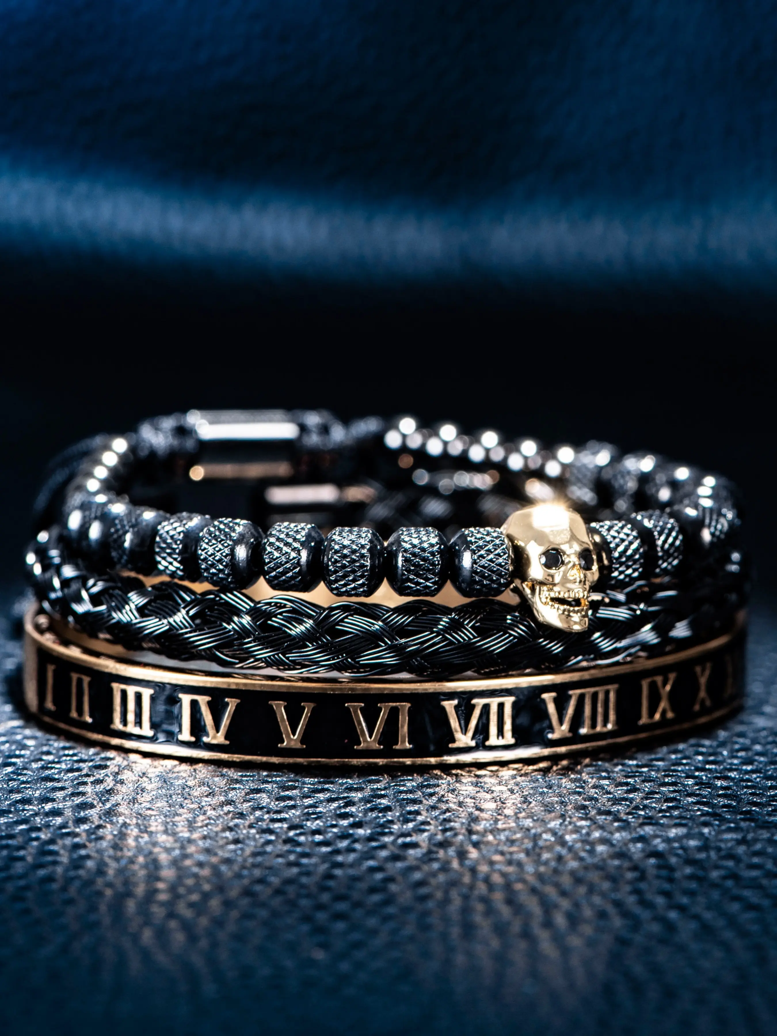 3-Piece Set Polygon Skull Bracelet, Stainless Steel Men's Enamel Roman Numeral Bracelet, European Fashion Couple Jewelry