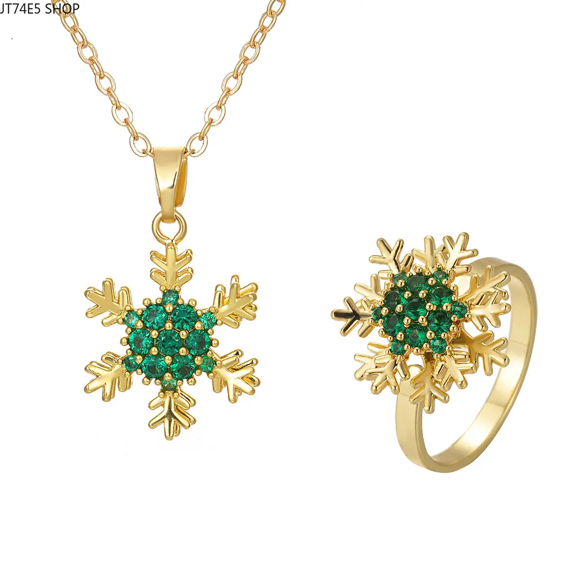 Women's Rotating Fidget Jewelry Set, Gold-Plated Stainless Steel Ring & Necklace with Zircon Accents - Festive Snowflake, Elk & Rabbit Designs, Stainless Steel Jewelry, 80260-Ring, Ring+Pendant, 80260-Pendant (With Stainless Steel Chain)