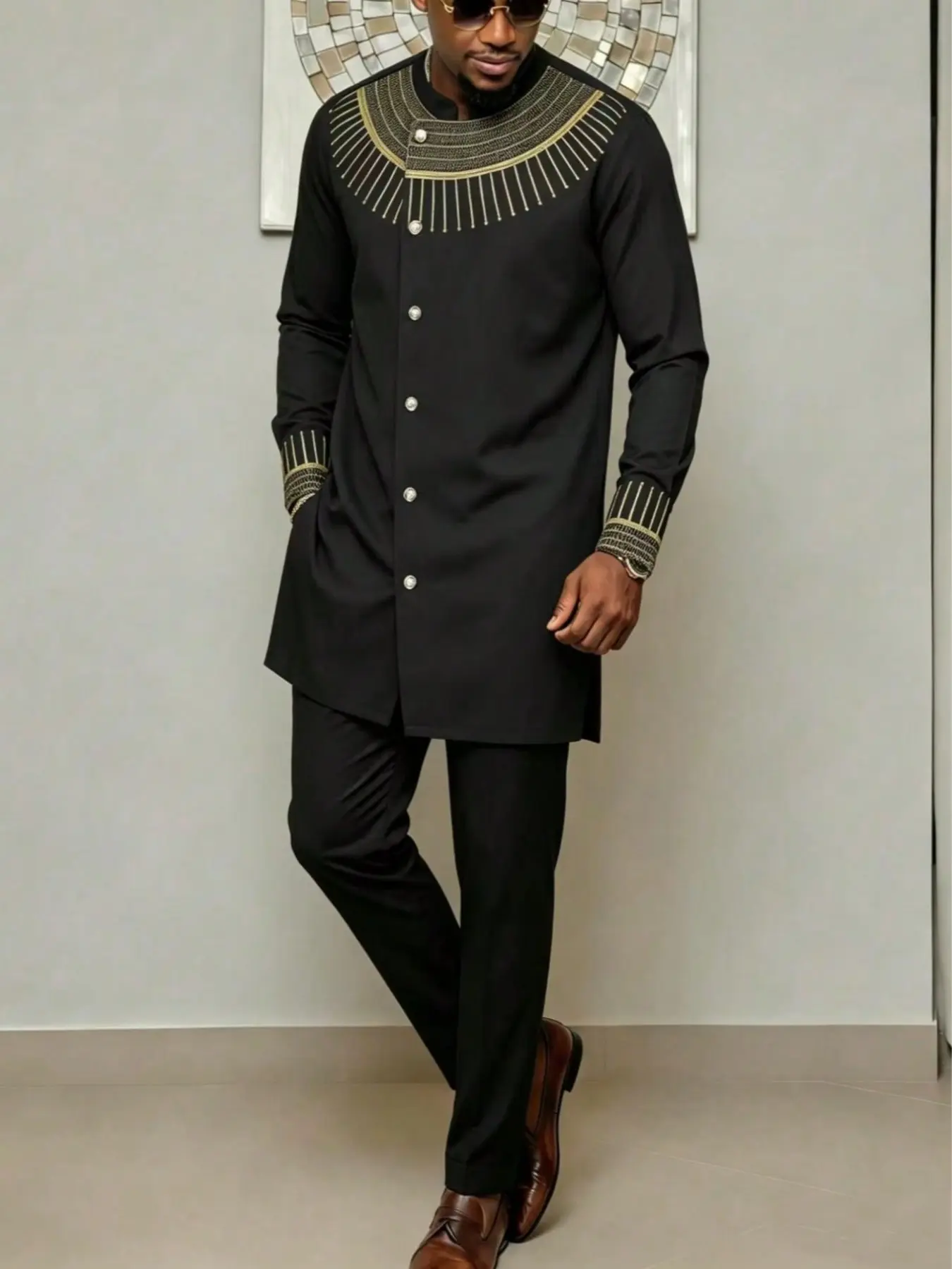 Men's Kaftan 2-Piece Set, African Boubou Long Sleeve Embroidered Traditional Suit, Elegant Formal Wear for Weddings and Parties