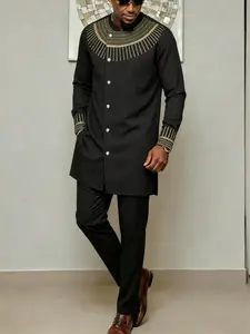 Men's Kaftan 2-Piece Set, African Boubou Long Sleeve Embroidered Traditional Suit, Elegant Formal Wear for Weddings and Parties