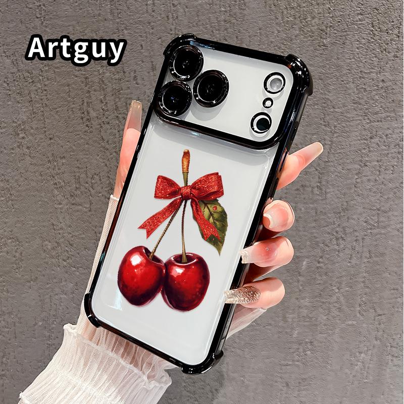Compatible with iPhone 17 16 Pro Max 15 Plus 14 13 12 11 E Air Phone Case Cherry with Bow Pattern Transparent Full Coverage Four Corners Anti-drop Casing
