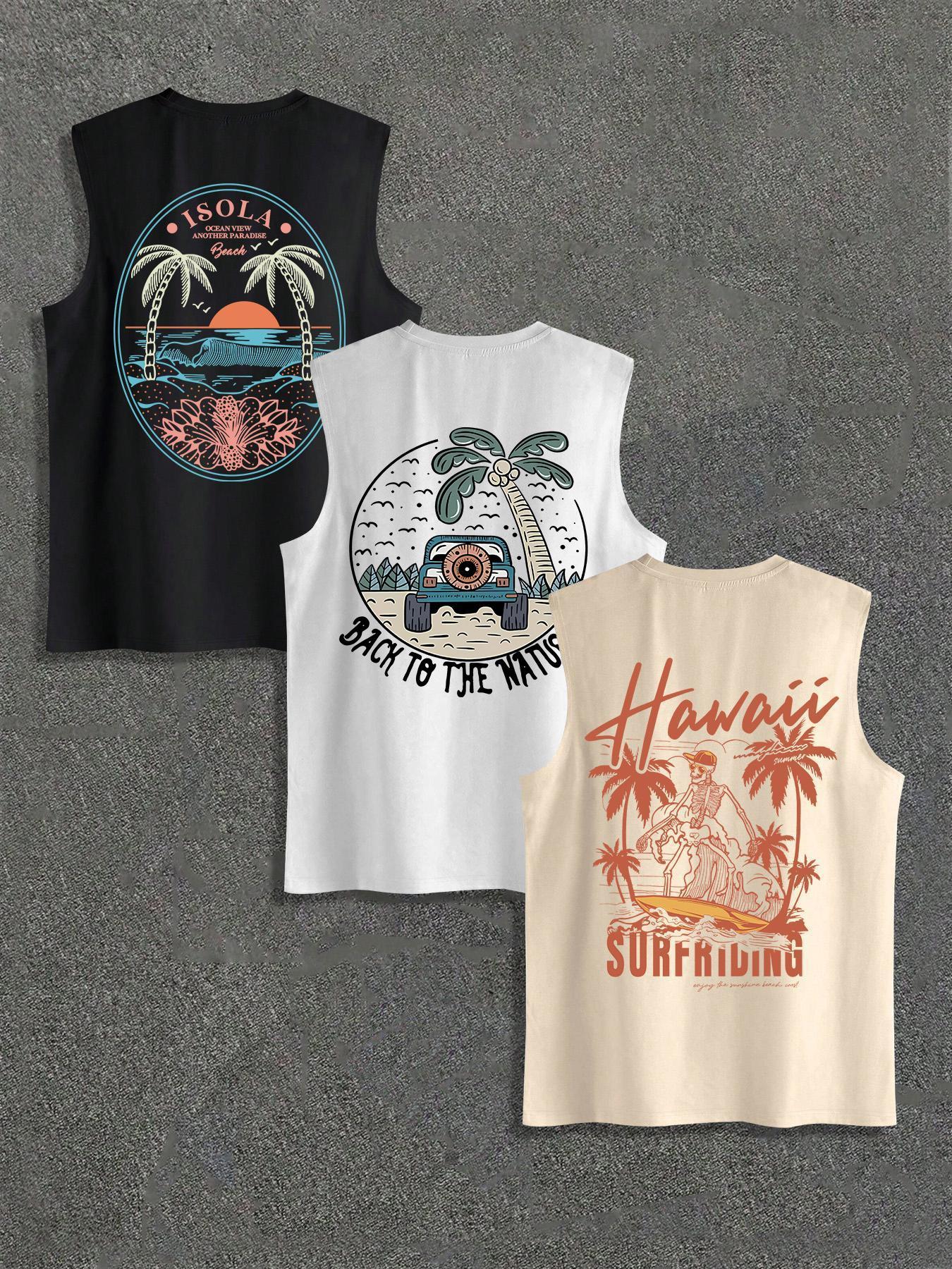 Men's Palm Tree Print Tank Top, Regular Fit Casual Sleeveless Round Neck Top for Summer, Men's Top for Outdoor Activities, Menswear, Graphic Tees, Athletic Tank Tops, Sleeveless Basic Tanks, Workout Tank Tops, Beach Tank