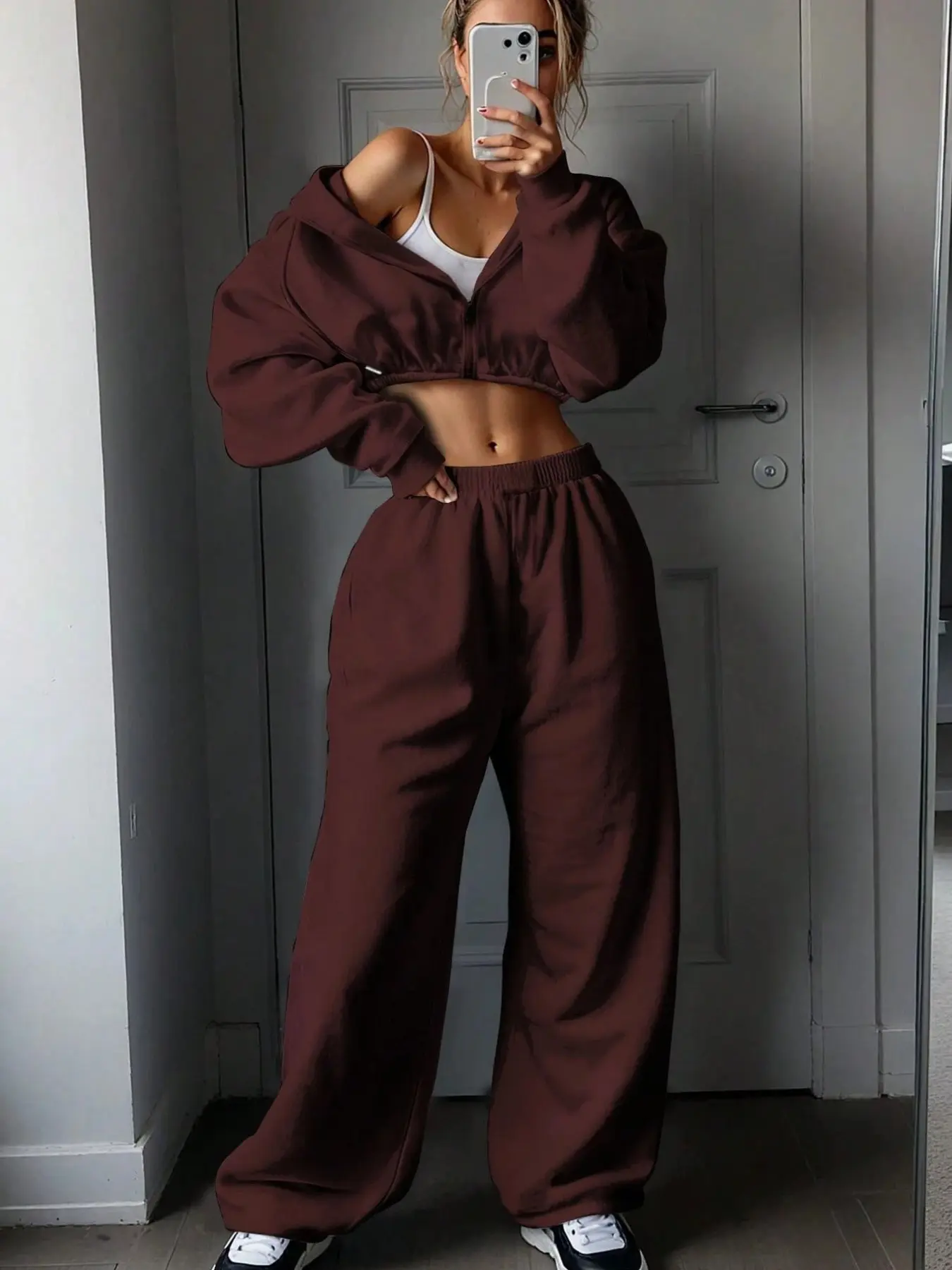 Women's Sportswear Set, Short Hooded Sweatshirt + Wide Leg Sports Pants, Comfortable Casual, Fashion Trendy Choice, Athleisure Tracksuit Outfit