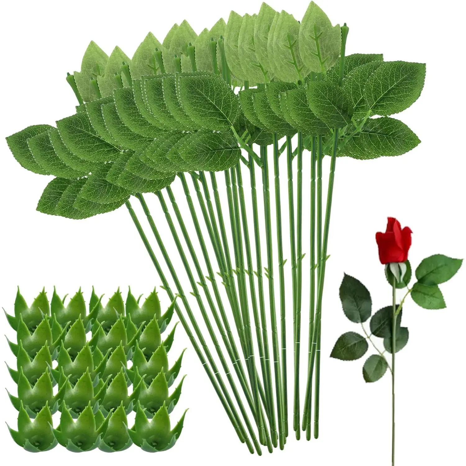 20PCS Floral Wire Stem with Leaves and 20PCS Artificial Flower Calyxes Set for Floral Rose Arrangement DIY Craft Bouquet Making and Florist Supplies